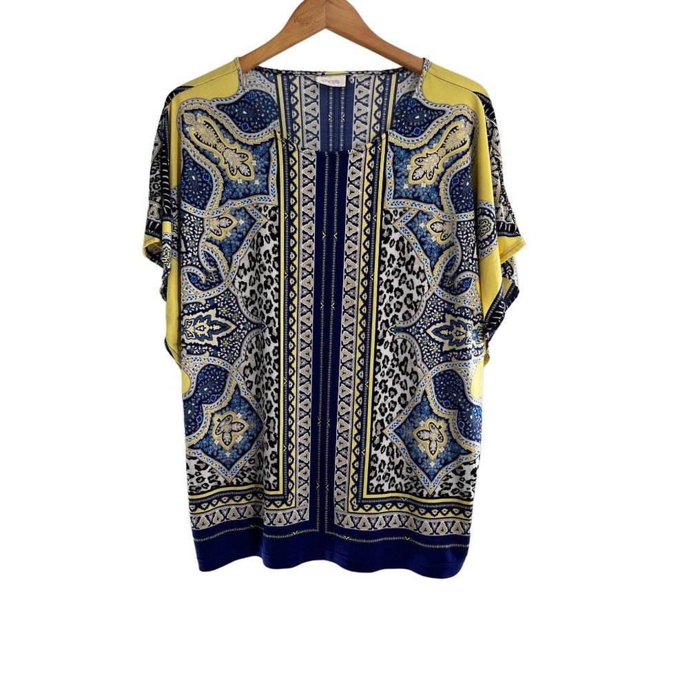 Chicos Blue Yellow Paisley Leopard Mixed Print Kaftan Blouse Top‎ Womens